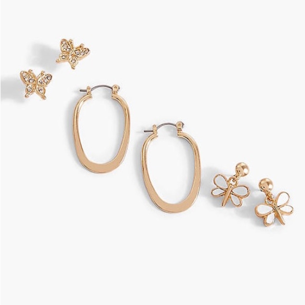 Set of three goldtone earrings-Butterfly, hoops